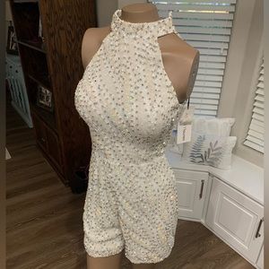 Custom Ashley Lauren WHITE and AB stoned romper size 0.
